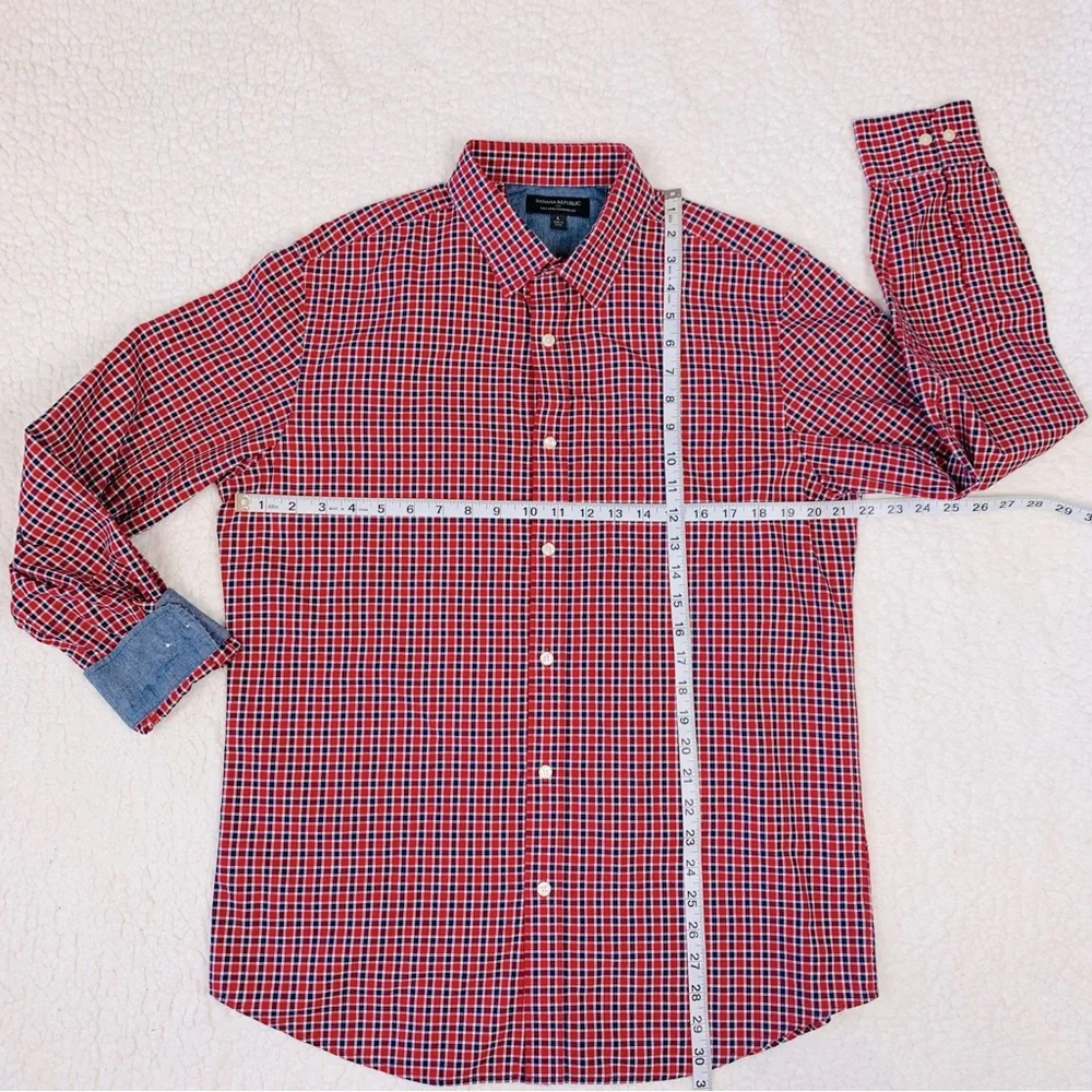 Banana Republic Button Down Shirt Men's L Red Blue Plaid Soft Wash Standard Fit
